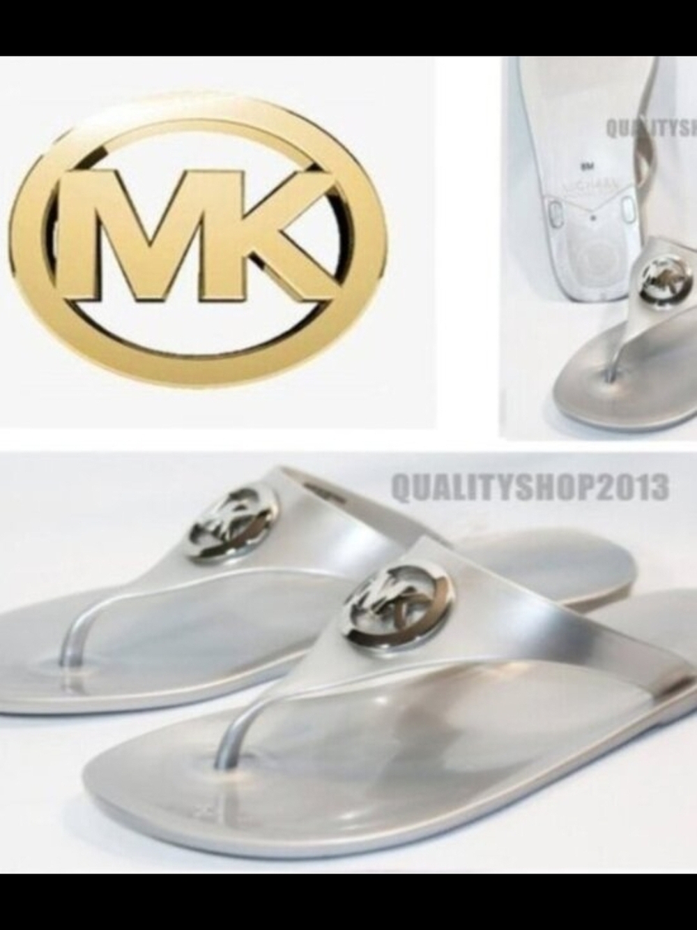 Michael Kors Silver Metallic MK Medallion Thong Sandals